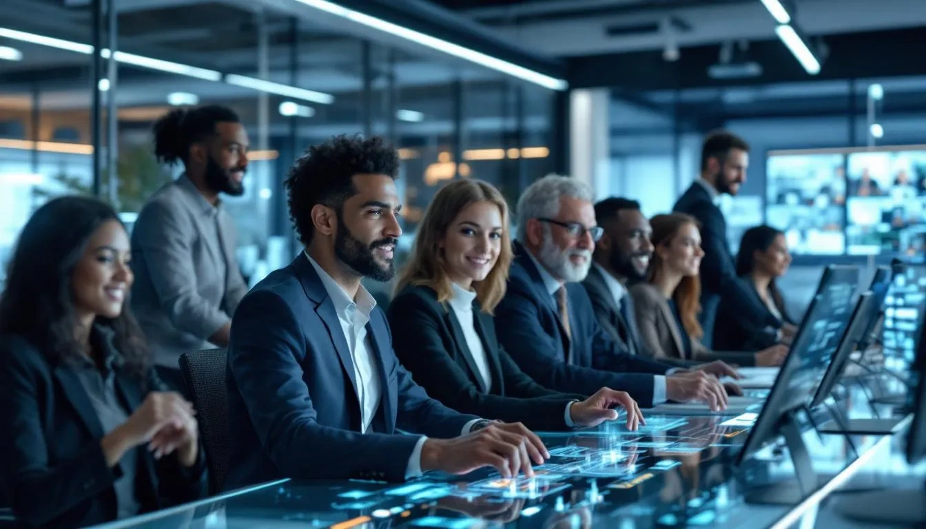 The image depicts a diverse group of professionals engaged in collaborative work using futuristic technology, including AI interfaces and digital tools. This scene highlights how emerging technologies are transforming the job market, emphasizing the importance of human skills and critical thinking in the future of work.